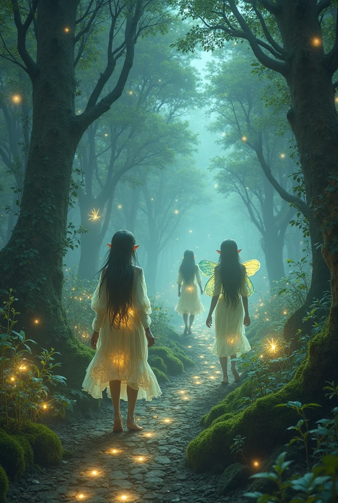 High quality realistic style, full body,  single little goblin girl, green skin colored, dark purple hair and yellow eyes, using shredded tissue and leafs as clothes, bare skin, bare foot,, scouting the surroundings, curious expression, in a Forrest with  fireflies and mystical lights. Night time. Closed portrait,