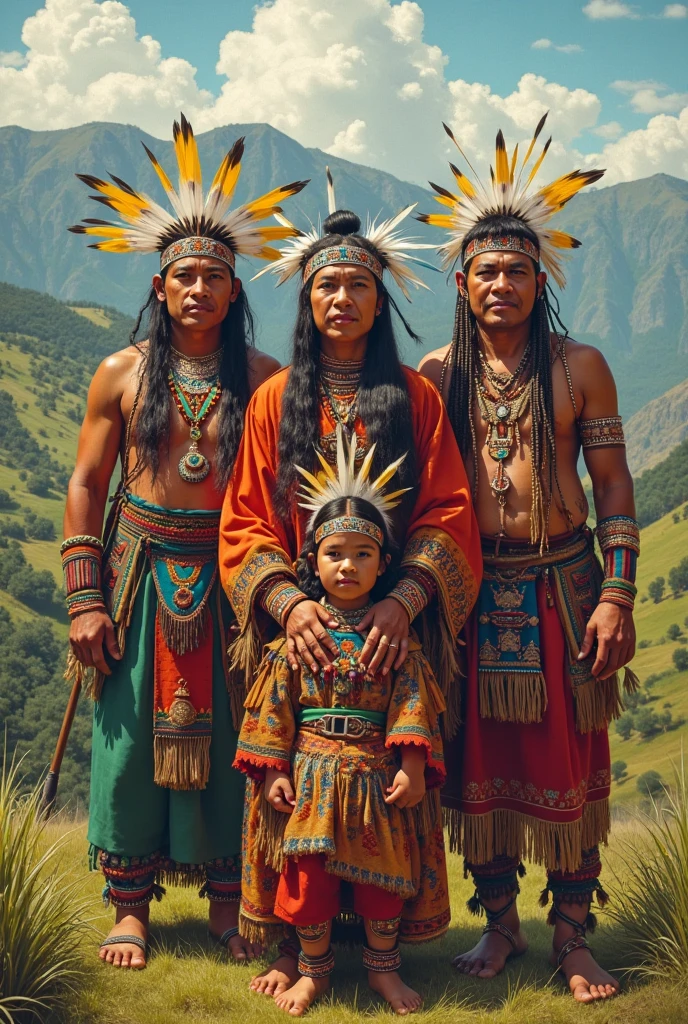 Meeting of inhabitants of pre-Columbian America from Alaska to Patagonia, each inhabitant of each region wearing their typical clothing and an animal from the region as a pet