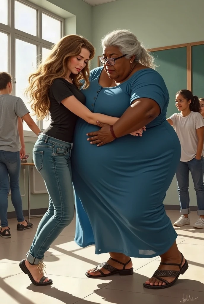 Create a photo of a 30 year old young woman, with a slender and beautiful body, wearing a yellow low-cut tank top and jeans, with white and clear skin, with long light brown hair and is facing away from the camera with her arms raised up as she is lifted up in the air by her butt by an obese black 90 year old elderly lady, dark black skinned, who has short hair, who wears glasses and a blue dress