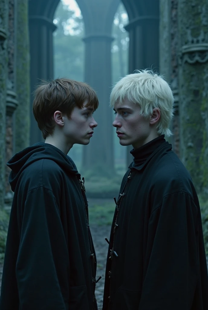 Please generate a beautiful 17 year old boy with blonde hair, slightly tanned skin and blue eyes is kissing a tall, strong welsh black haired 16 year old boy who has very white skin, black hair and blue eyes. Both wearing black cloaks. Ancient setting. Weather is dark and there is a forest in the background. Moonlight. Captured as a cinematic film still, shot on a V-Raptor XL, the scene is enhanced with bright sharpness and post-processing. The cinematic lighting and 35mm film quality create an atmospheric, epic, and stunning masterpiece, full of dramatic flair. No facial hair. Black haired boy is holding the back of blonde boy's head