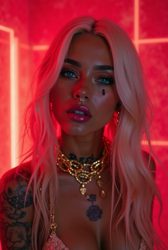 A woman with long white hair,I want her wearing futuristic y2k style clothes in pink and black with lots of accessories,I want the image with a strong neon pink color and an effect that makes it very strange and somewhat experimental. ,and I want her to pose