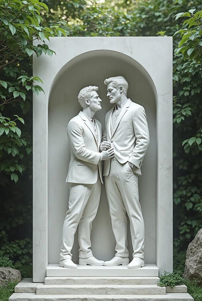 Portrait of Brad Pitt and Tom Cruise dancing embraced in a rose garden. Photorealistic. High quality. 8k. Photorealistic