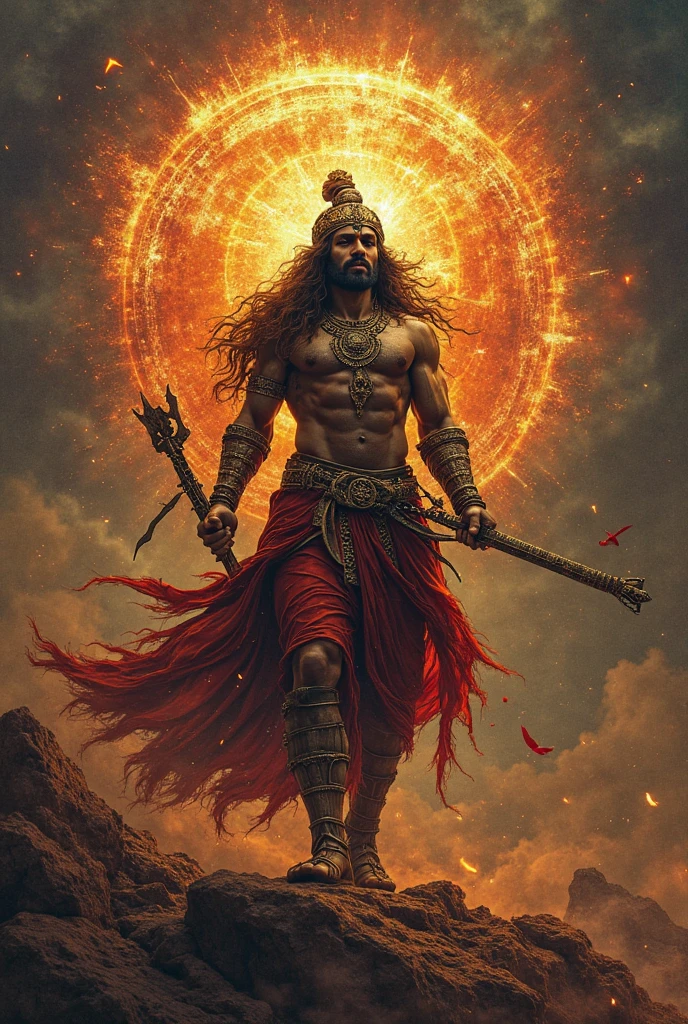 Create an abstract art painting that captures the dynamic energy and vitality of Lord Hanuman. Use bold, sweeping strokes to represent his powerful form, with bursts of red, orange, and gold symbolizing his fiery spirit. Incorporate abstract shapes resembling his mace, tail, and crown, interwoven with patterns that suggest movement and speed. The background can be a swirling vortex of energy, emphasizing his boundless strength and vitality, with hints of a glowing sun or fiery aura to represent his divine nature.