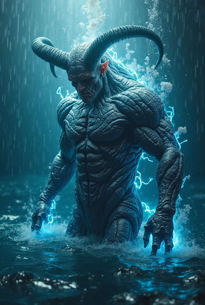 8k, complex, elegant, Highly detailed, majestic, digital photography, surreal painting, defeat magic, Sinuous Lightning, (masterpiece, side light, fine and beautiful eyes: 1.2), HdR, (bright blue eyes)), Naked upper body, (bright tattoo), Chico handsome, cana, musculature, black skin, demon horn, Raining, handsome, in front of the camera, masterpiece