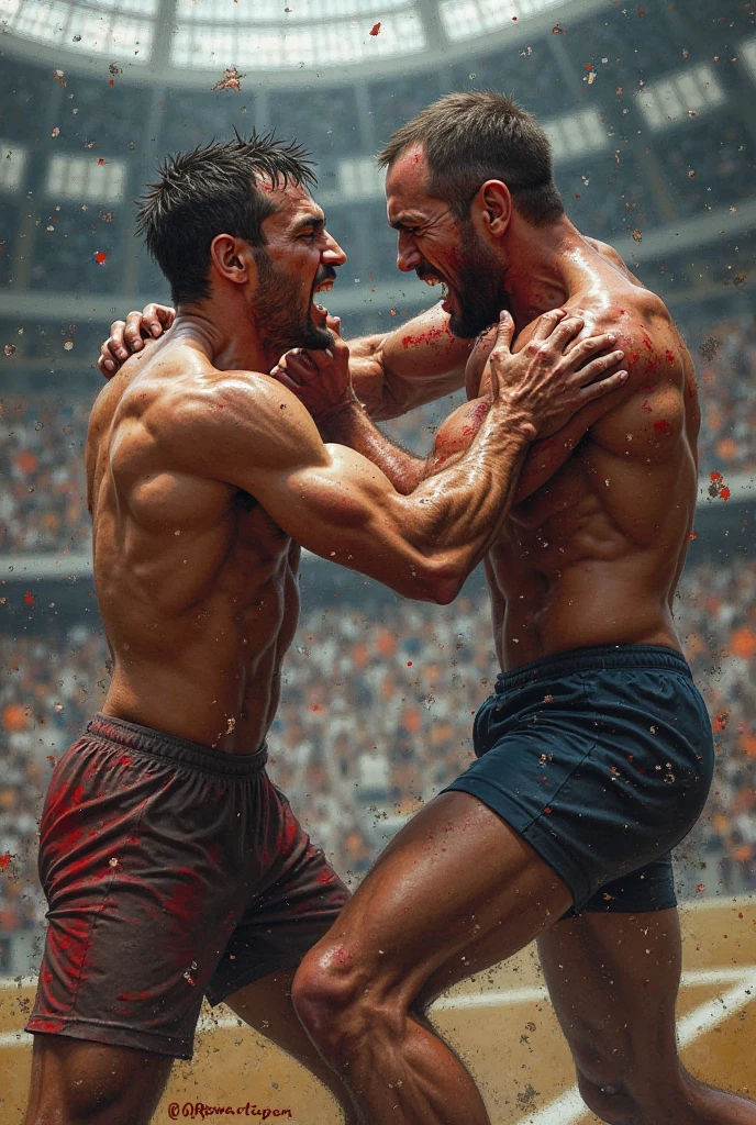 Epic composition, dynamic pose, (masterpiece, best quality), 2boy, 30 year old, chav, rough, dirty, mean, bully, druggie, two boys fist fighting, blood splatter, (streets), rain splashing raindrops puddles, realistic, dramatic lighting, atmospheric, intricate detail, Photorealistic, hyperdetailed, life-like, sharp focus, ((detailed realistic skin, life-like detailed realistic face)),