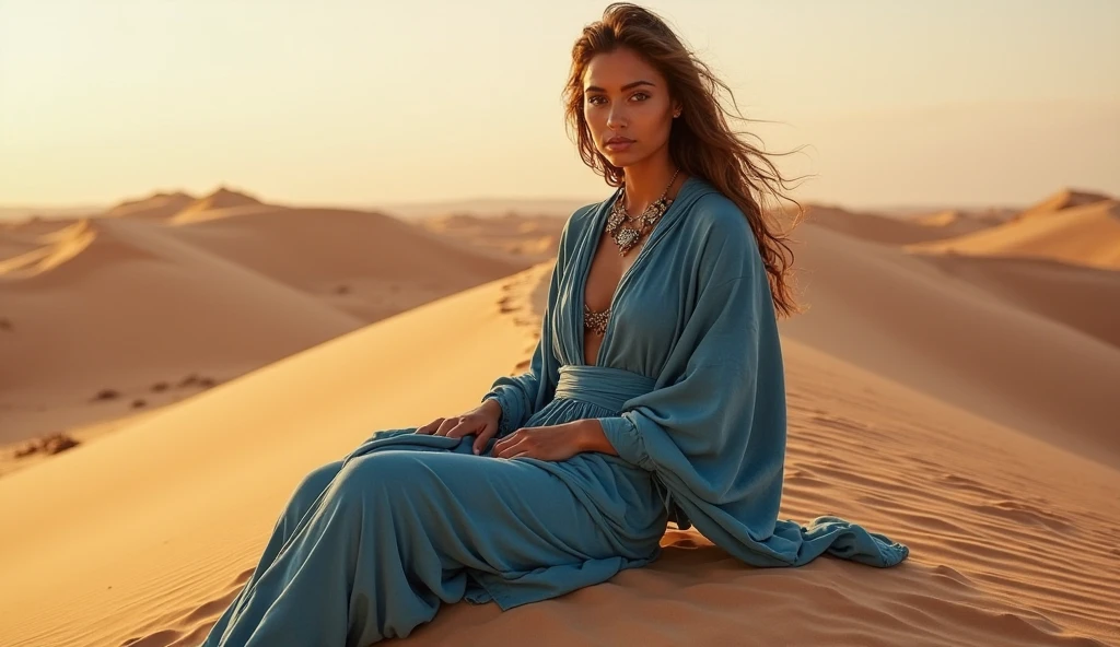 High resolution, Anatomically correct, accurate, Highest quality, High detail, Textured skin, One Woman, Saharaの民, Brown Skin, Sahara遊牧民, Blue Costume, Blue scarf, Blue Robe, tuareg, Black Hair, Sahara, Camel caravan, Vast sand dunes