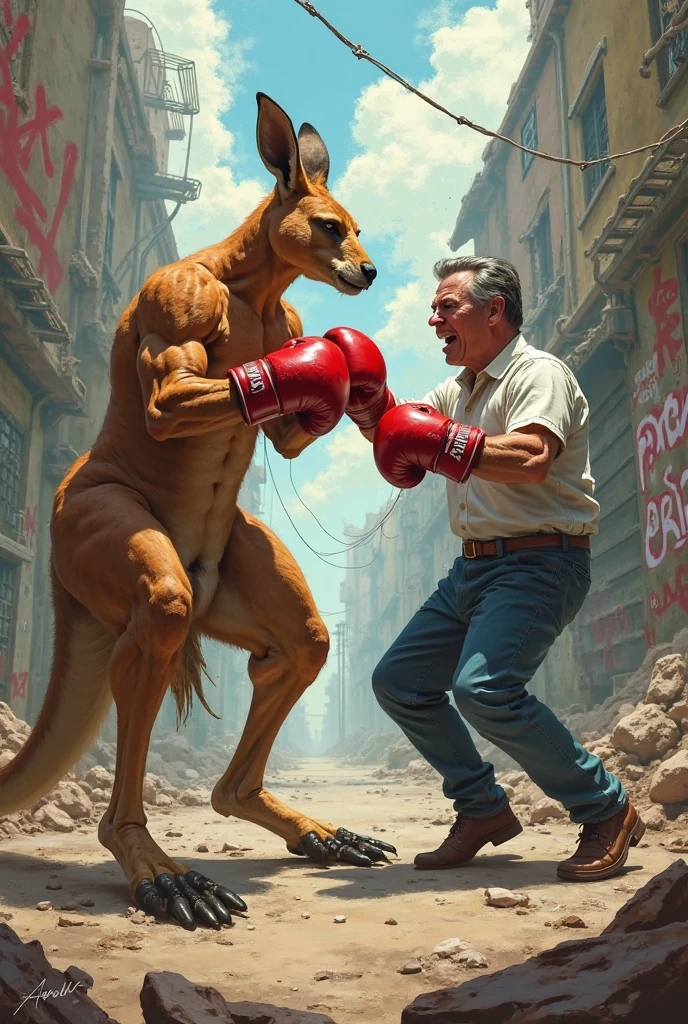 Oil painting. Sylvester Stallone as Rocky Balboa punched by a Kangaroo wearing boxing gloves, crowd cheering BREAK
Kangaroo punching with boxing gloves