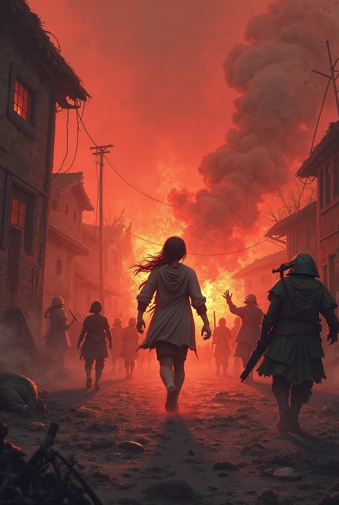 A group of Muslim children is frantically fleeing through the urban ruins, with flames and smoke from exploding bombs behind them,The characters are portrayed in close-up shots, Hollywood movie style, Hollywood film composition.