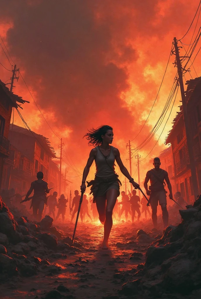 Abandoned buildings and streets full of zombies and a woman covered in blood killing zombies