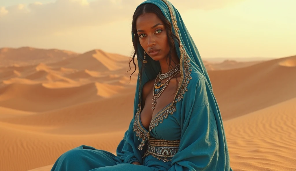 8k, RAW photo, best quality, ultra high resolution, (photorealistic), realistic photo of skinny ebony girl princess, (skinny ebony girl, 20 years old, most beautiful ebony girl in the world, dark skin, slim face, black hair, wavy hair), in the desert oasis, sand dunes, palms, cactus, bright light, (full body picture), (photo from the side), (crawling), doggy pose, doggystyle, wearing black arabic dress with golden inprints, (black arabic dress), wearing black and gold arabic scarf, (black arabic scarf), golden jewelry, looking at viewer, smirking, seductive, (extremely detailed CG unity 8k wallpaper), Sharp focus, (bright light)