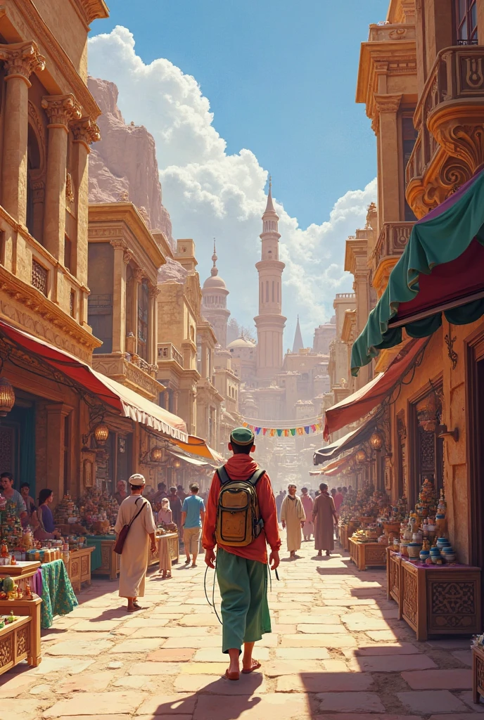 A bustling 19th-century marketplace nestled within the vibrant walls of Marrakech, Morocco. The scene is a kaleidoscope of rich, earthy tones, with the sun casting long shadows across the cobblestone streets. Merchants dressed in traditional djellabas and fez hats display an array of exotic goods, from intricately woven rugs and gleaming brass lanterns to pyramids of spices that release a tantalizing aroma into the air. Donkeys laden with colorful textiles and baskets of fresh produce amble through the lively crowd, which includes locals in deep conversation and European travelers with wide-brimmed hats, clearly captivated by the exotic sights. In the background, the iconic Koutoubia Mosque towers over the cityscape, its minaret a symbol of the region's enduring Islamic heritage. The architecture around the market is a harmonious blend of Moorish arches, intricate mosaics, and carved wooden balconies, offering a glimpse into the storied past of this ancient city. The atmosphere is one of bustling commerce and cultural exchange, with the cacophony of bartering voices and the jingle of coins melding with the distant call to prayer, weaving a tapestry of sounds that resonates through the centuries.
