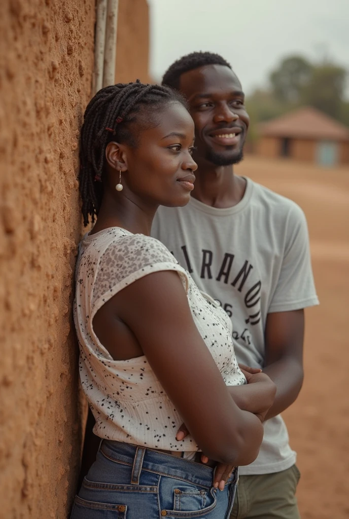 Create a picture of a kenyan man aged 16 years without beard wearing a t-shirt written "Roba" and his girlfriend sitting next to him