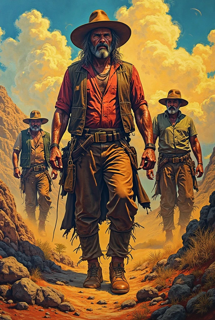 Meilleure qualité, ultra-détaillé, Réaliste, d'apocalypse farwest cowboy, cowgirl farWest féroces et intimidants, année 1866, nuages noirs menaçants et ciel orageux, le feu et la fumée, style artistique audacieux et agressif, palette de couleurs vives et sombres, atmosphère sinistre et épique, décor infernal et chaotique, destruction apocalyptique et chaos