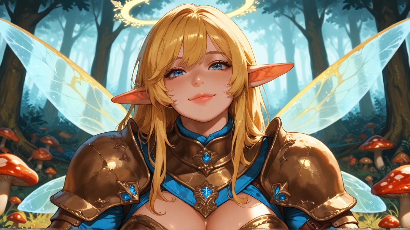 an elf knight portrait by Hajime Sorayama, armor, large breasts, perfect slim fit body