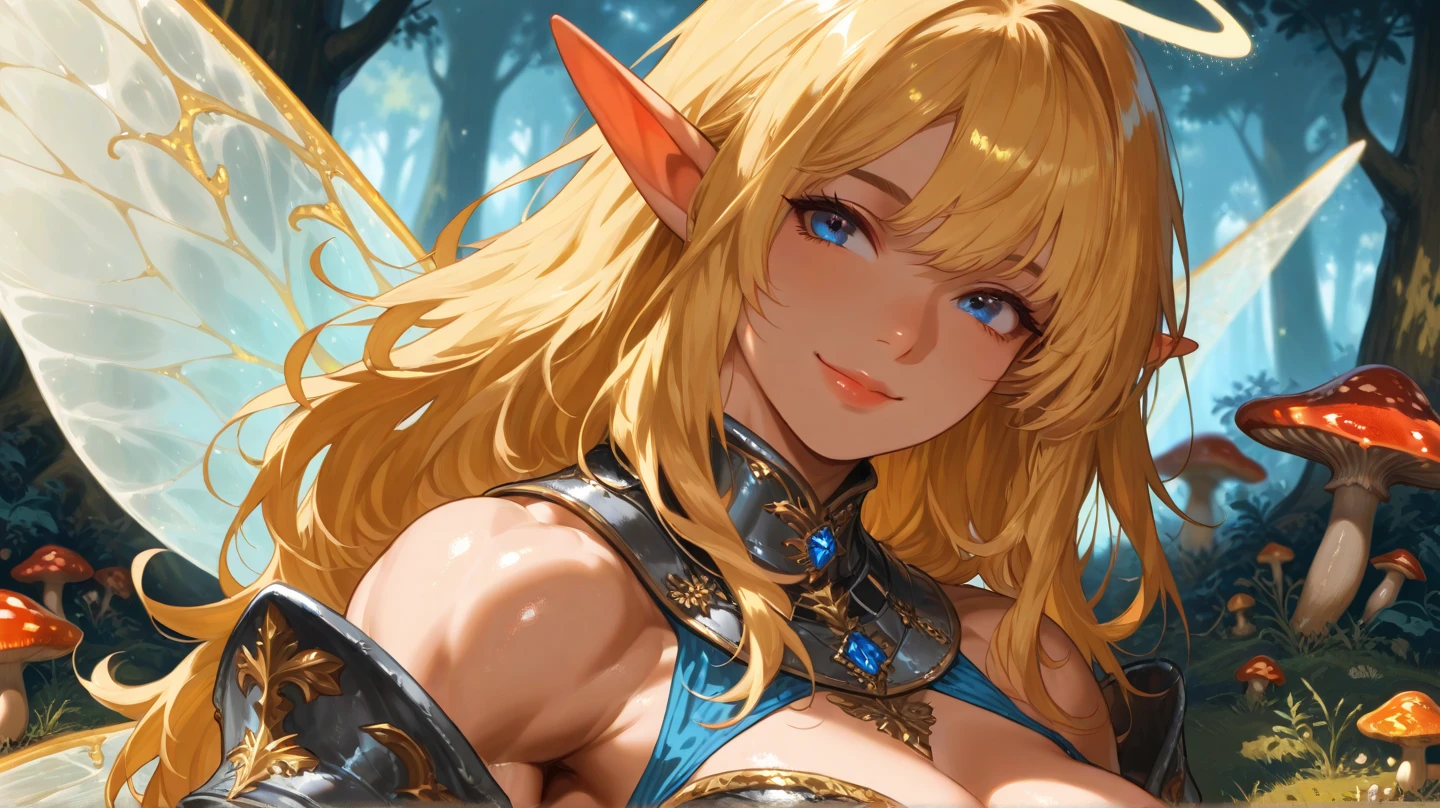 upper body, elf woman, detailed eyes, detailed face, shining eyes, steampunk nude style, blonde hair blown in the wind, thin clothes, pink clothes, pink hair, fantasy setting, vibrant colors, golden light, ethereal atmosphere, garden, neon colors, half-naked,