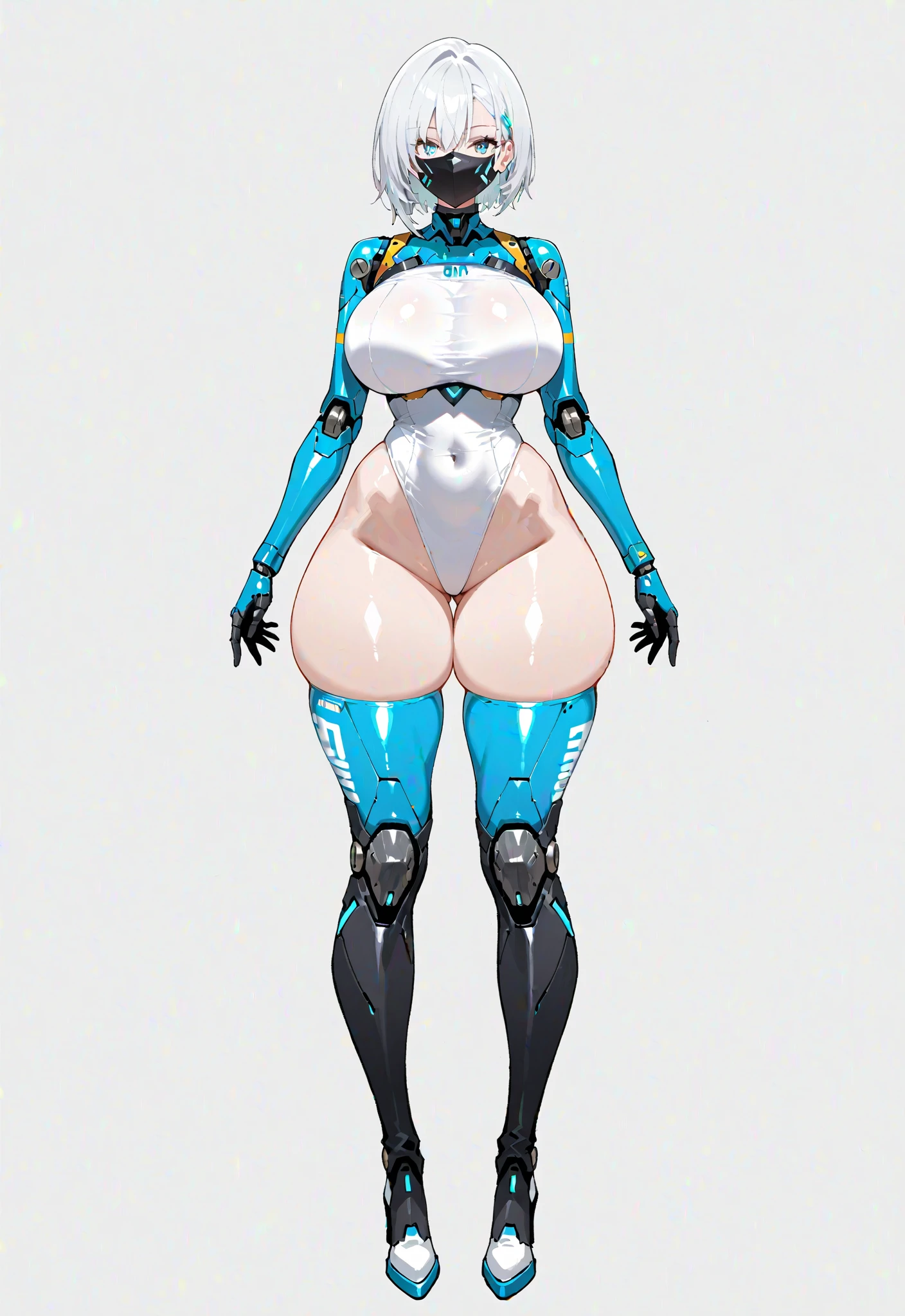 Highly detailed and photorealistic depiction (full body likeness) of a sexaroid with a voluptuous figure. She has short silver hair and pale, glowing skin. Her eyes are a light blue and convey a sense of coldness. Thick thighs. Toned abdomen. Her extremely large and sexy, curvaceous buttocks (Big Butt: 2.09) are prominently displayed while her ample breasts (Gigantic Breasts: 1.95) are visible from the front, adding to her provocative pose. The sexaroid is dressed in a futuristic, transparent, minimalist outfit that barely covers her large breasts and curvaceous hips. The outfit has sleek metallic accents that emphasize her nature as a humanoid machine. The environment is to be a clean, minimalist sci-fi setting with soft lighting to enhance the glow of her skin and outfit. She is standing in a seductive pose, exuding confidence and charm.
