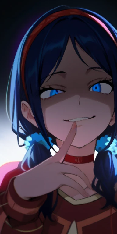 (masterpiece, best quality, high score, great score), absurdres, 1girl, mita \(miside\), miside, blue eyes, low twintails, red hairband, blue scrunchie, red hairclip, red choker, finger to mouth, beautiful finger, partially shaded face, head tilt, gesugao, smirk, upper body, dark background, dark
