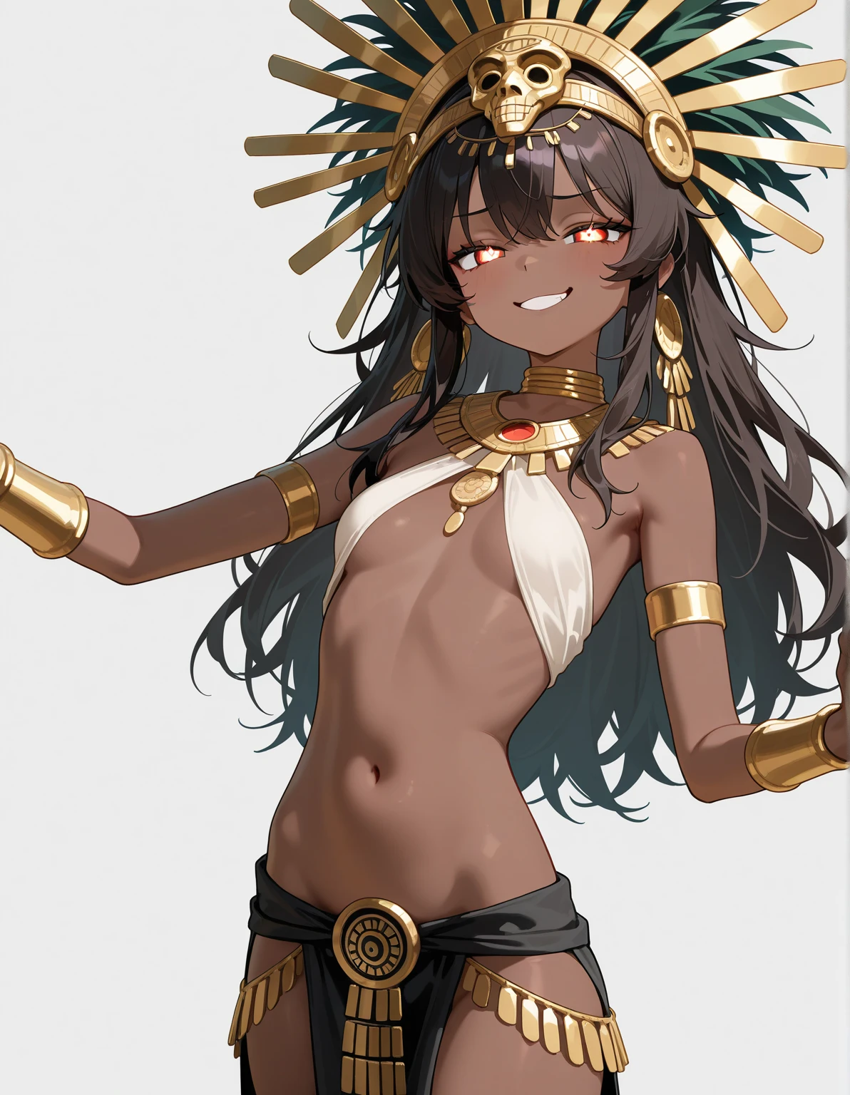 (Best quality:1.1), (Masterpiece:1.4), (Illustration fantastique:1.2), jeune femme colombienne, ((petite fille)), (Pre-Columbian Latin woman), Warrior Amazon ,Dark-skinned indigenous warrior, tanned skin, cheveux noirs, long braided hair, (Muscular warrior), ((corps en forme)), Yeux vert emeraude, embarrassed smile, (poitrine classique), Aztec tribal mark on the body ,only dressed in gold Aztec jewelry and feathers, ((Brazilian headdress covered with multicolored feathers)), Emerald encrusted on his forehead, ((marques tribales sur le corps)) , Ciel nocturne, (jungle de nuit), (tropical forest:1.3), (dramatic lighting:1.2),