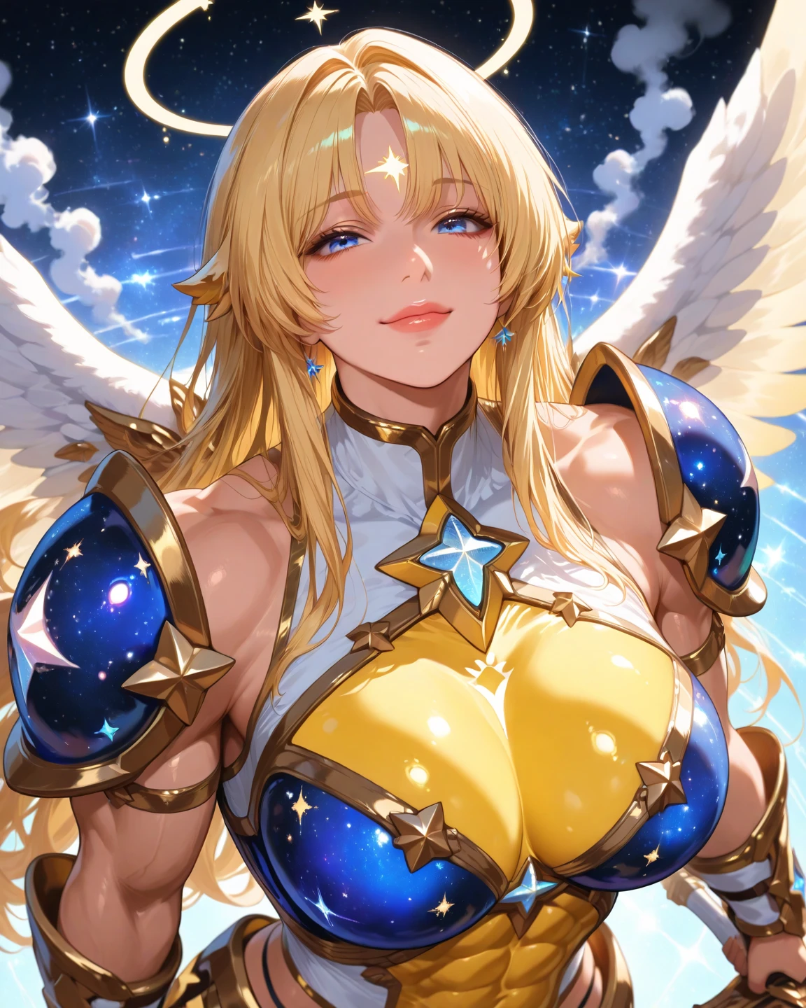 1 girl, game cg, valkyrie armor, green, angel wings, sideboob, under boob, belly button visible, thighs, loincloth, gigantic breasts, blonde, middle hair, side ponytail, green eyes, smile, magic attack , Rays of light, simple background, imposing and, Muscular body, Freyja