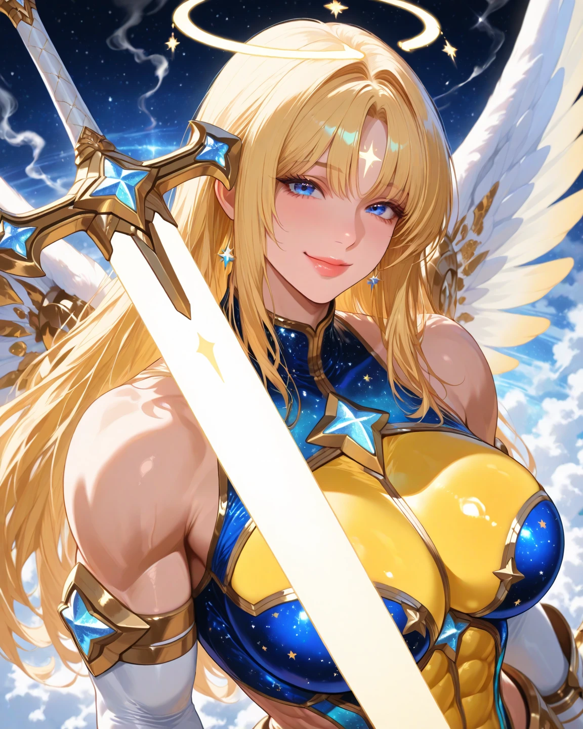 ((Best Quality)), ((Masterpiece)), (detailed), perfect faces, blonde hair, blue eyes, large breast, sexy, white tiger pattern bra, white tiger pattern lingerie, white tiger pattern underwear, cum in pussy, breast milk, angel wings