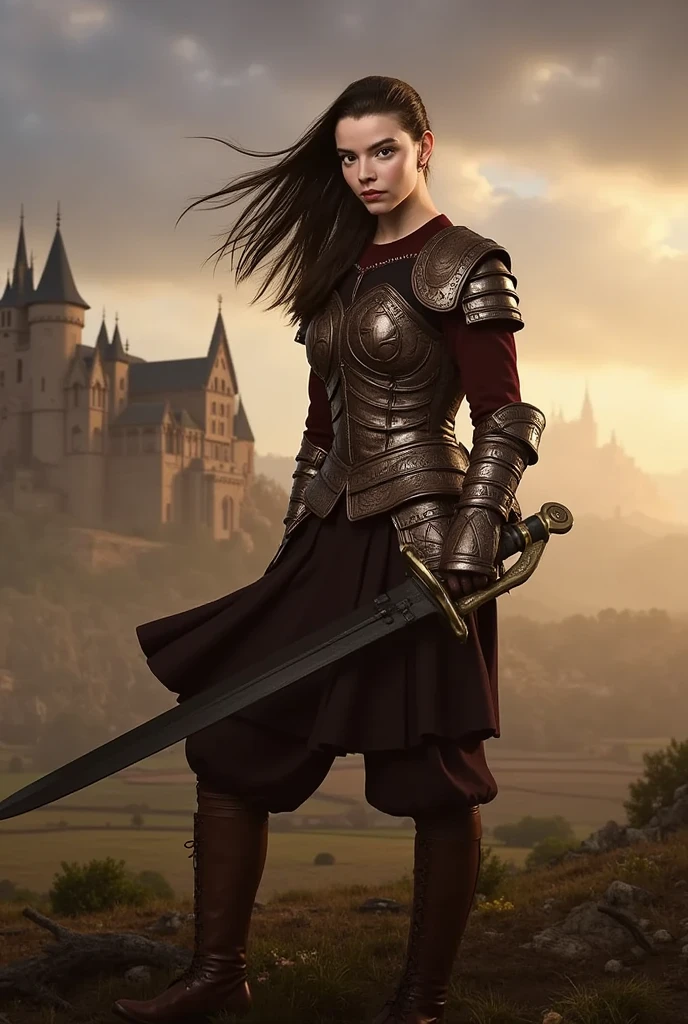 (medium full shot) of (angelic medieval soldier) young woman, mexican with dark hair, brown eyes, medium skin tone, medium build, wearing Leather skullcap with metal studs, linen tunic with leather trim, wool cloak with fur collar, leather gloves with metal accents, leather boots with metal toe caps, holding War hammer with steel-reinforced handle , surprised, open mouth, pointing her finger at the viewer, set in medieval era, Command Tent, Bustling hub with maps strewn across tables, commanders huddled in discussion, messengers coming and going, armor stands, and a flickering lantern , ,Masterpiece,best quality, photorealistic, amazing quality, very aesthetic, extremely detailed face,