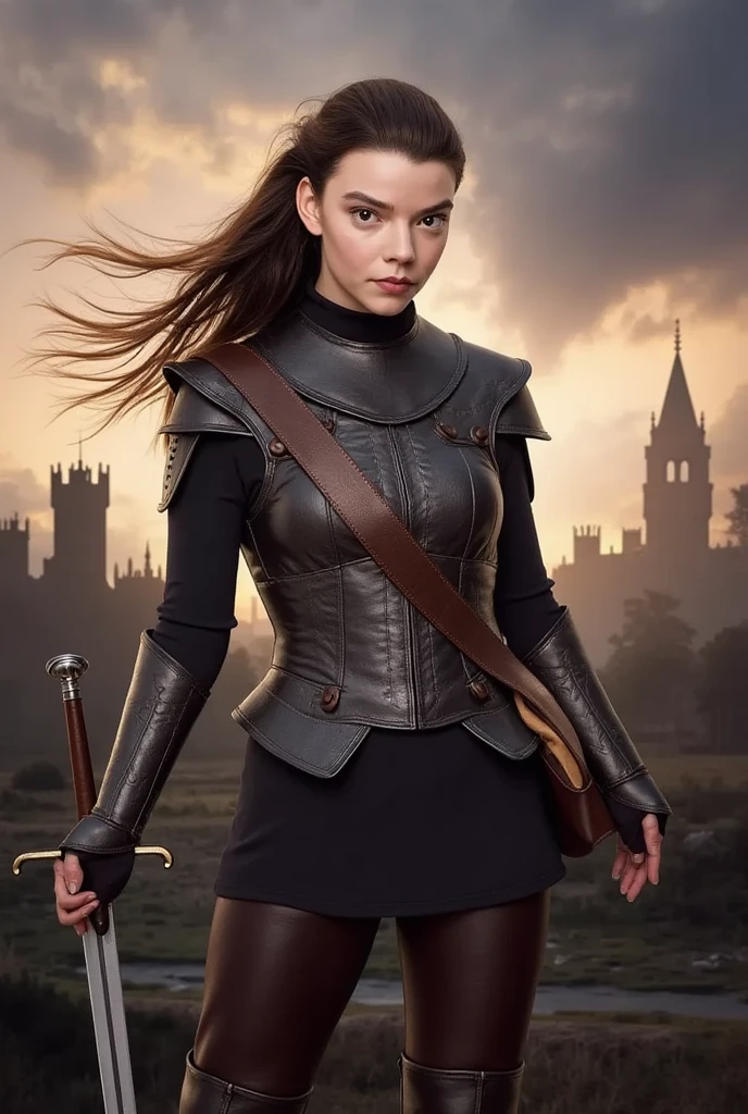 Stylish jet-powered steampunk castle , against which a highly detailed girl walks , and around her lie human skulls