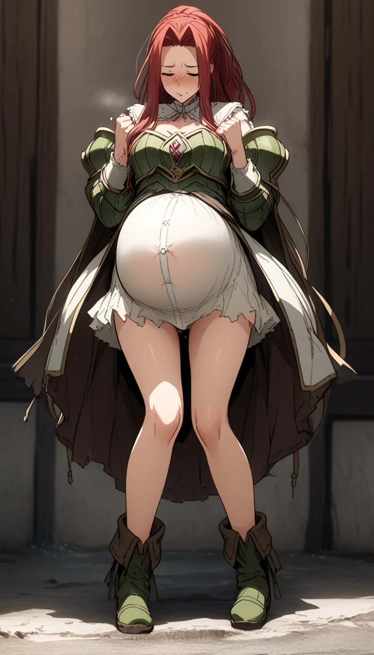 ((Best Quality)), ((masterpiece)), ( Very detailed), 1 girl,with tight dress, white with green, black stockings, mini skirt,white panties, with a sword, A shield, in a medieval landscape, looking at the viewer,((Whole body)),((view from below))