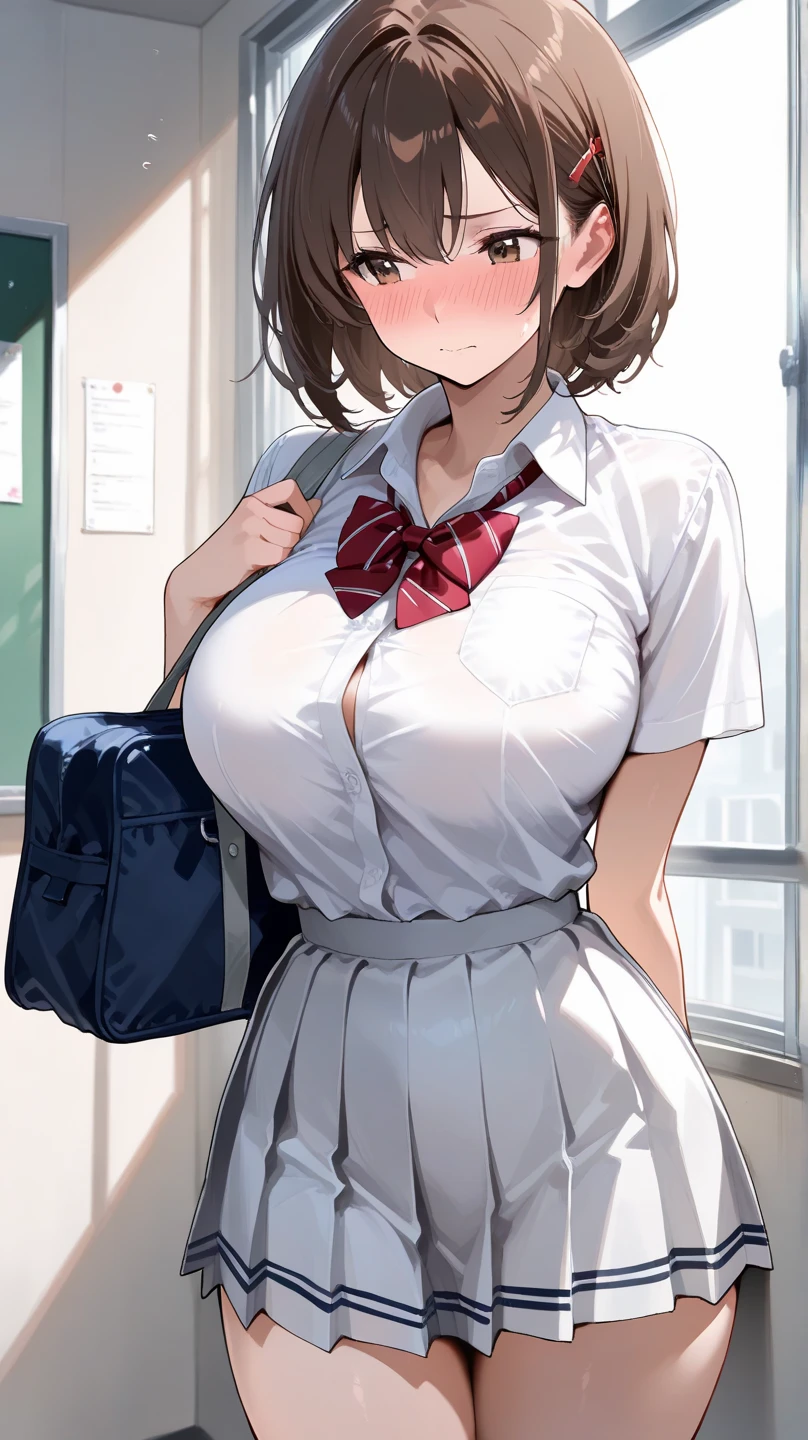(masterpiece:1.2, best quality), 1lady, solo, school uniform, classroom, day, white shirt, ribbon, dark blue skirt, big tits, black hair, short hair, brown eyes, open collarbone, room, sit on desk, front focus, sweat