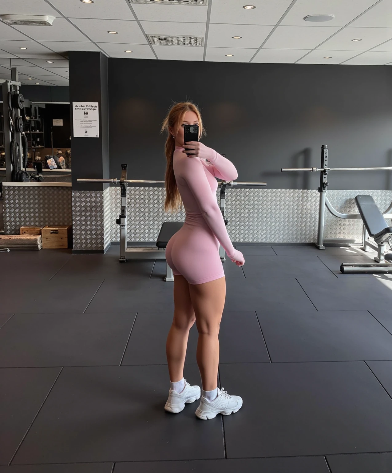 Margot Robbie com blusa cinza e legging preta tirando uma selfie, em uma academia, traje apertado, thicc, roupa apertada, ajuste apertado, thick thieves, cintura magra e quadris grossos, Taran Dasha, foto fit, menina em forma, modelo fitness, fit curvy physique, corpo grosso, IFBB corpo fitness
