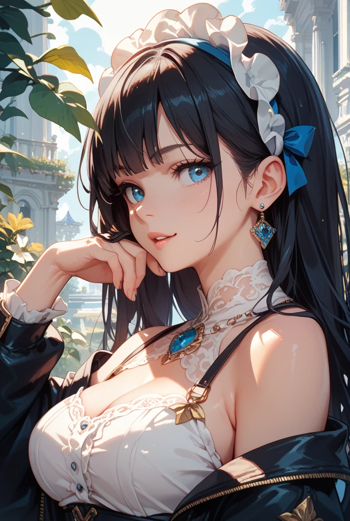 black hair, wavy hair, long hair, grey eyes, big chests, black gloves, middle bangs, pale skin, blue berret, windy day,thin cloud,in a yellow grass field, happy, adorable face, cute face, large innocent eyes, smile, cute pose