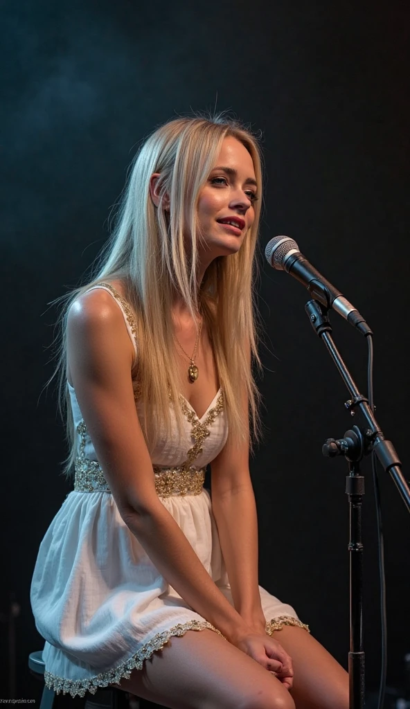 a smiling singer, arms outstretched,, a 30 years old woman, very long blond hair, blue eyes, slim, she wears a futurist cream and blue dress made from a mix of printed circuit board alloy, no background