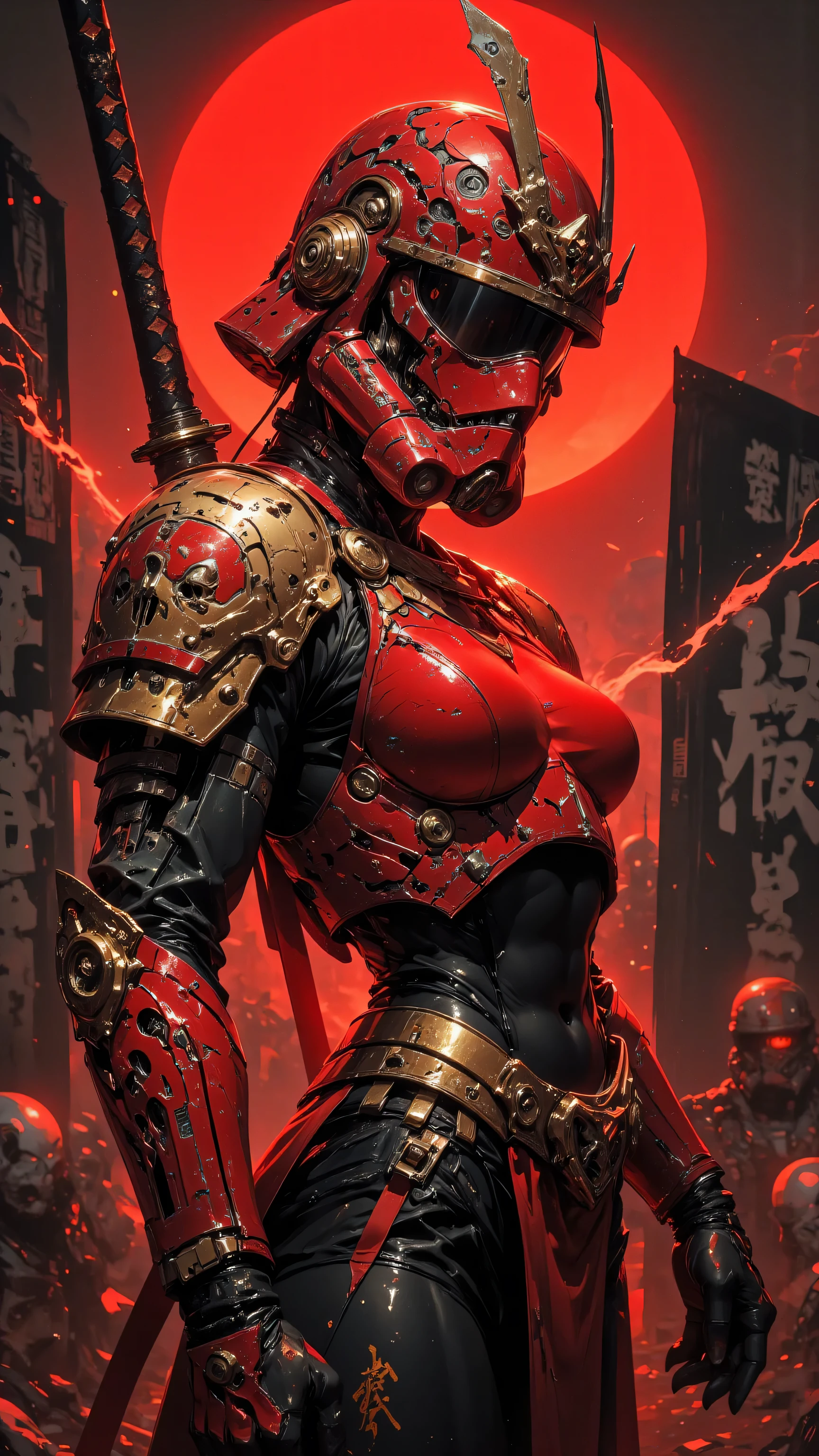 masterpiece, highest quality, cinematic lighting, a powerful female Star Wars stormtrooper samurai warrior, intricate crimson and gold samurai armor, armor wear and tear, stormtrooper helmet design fused with samurai helmet elements, energy katana, action pose, Japanese calligraphy background, red sun, intense shadows, detailed costume, high contrast, emphasizing an alluring female physique.