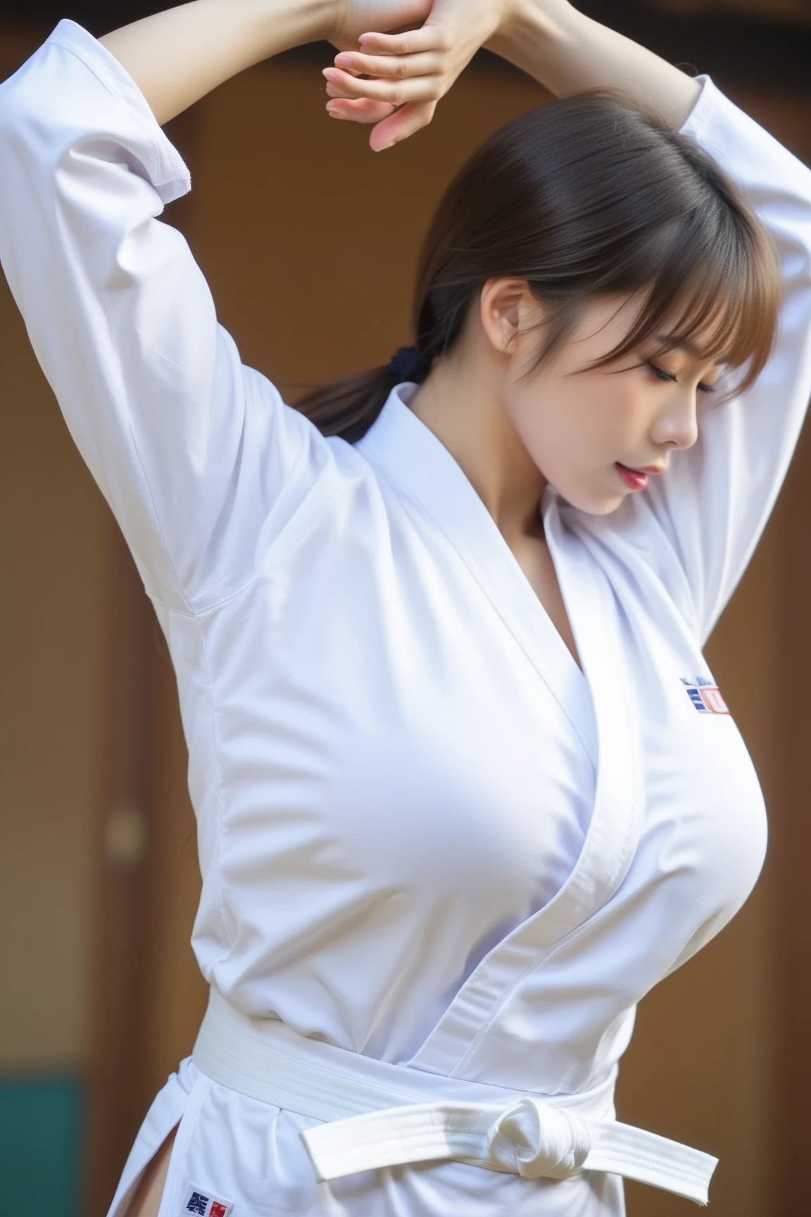 Japanese cute girl wearing white judo uniform, (wearing a black belt), in a stadium full of spectators, (((huge breasts))), (((realistic)))