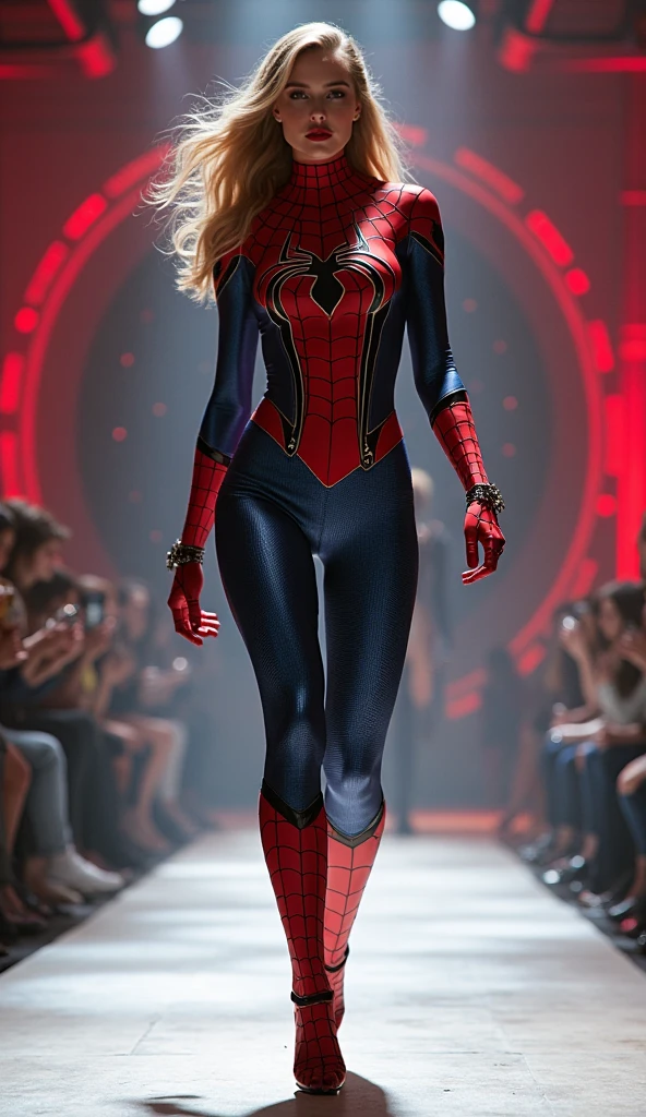 Heroes fashion show (Spiderman, Captain america, Iron man...), models walking a red carpet, soft lights, fashion designers, earth color clothing design, haute couture, exquisite hairstyles, creative and imaginative outfits, unforgettable fashion moments, sewing crafts, designer workshop, artistic expression, global fashion influence, haute couture photography.