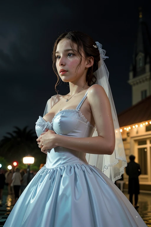 a cute woman in a sexy princess lei cosplay, beautiful detailed eyes, beautiful detailed lips, extremely detailed face, long eyelashes, sheer dress, white dress, airy dress, legs exposed, bust exposed, sultry stroll, crowded comic and sci-fi convention, many cosplayers, (best quality,4k,8k,highres,masterpiece:1.2),ultra-detailed,(realistic,photorealistic,photo-realistic:1.37),HDR,UHD,studio lighting,ultra-fine painting,sharp focus,physically-based rendering,extreme detail description,professional,vivid colors,bokeh,portraits,photography, mainly view the cute woman from behind, mainly low angle looking up