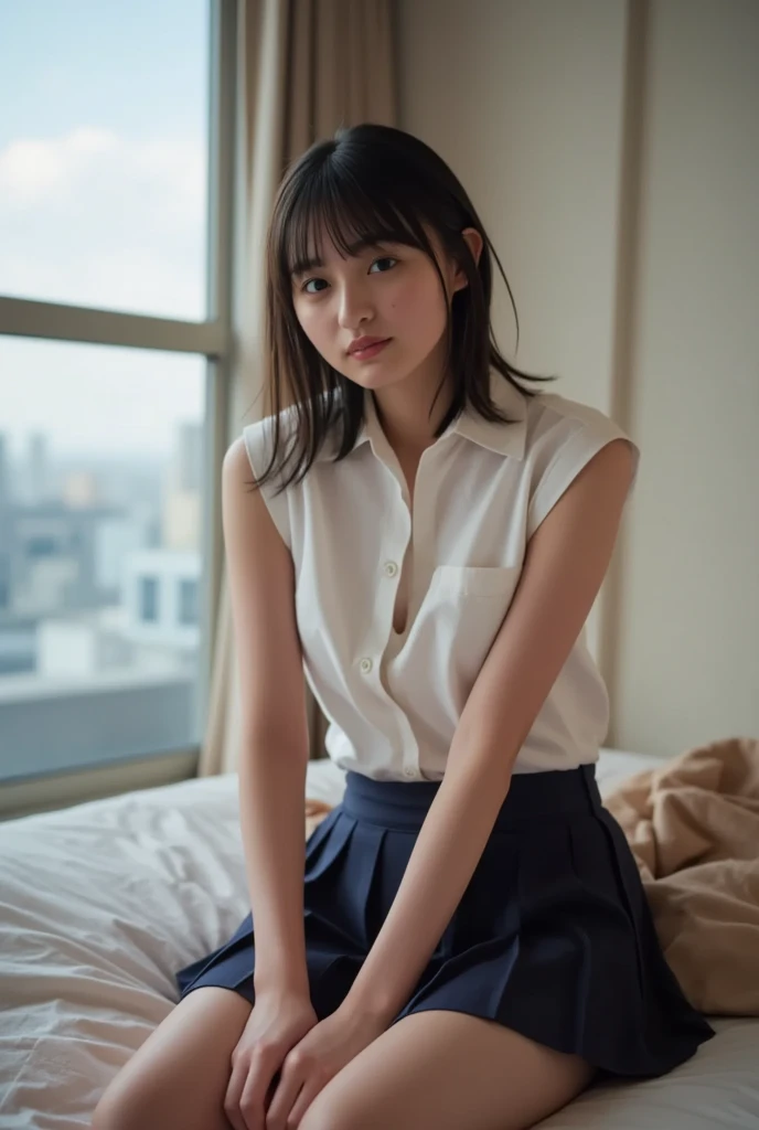 Japanese,11 years old,Teenage Girls,cute,Primary school students,Private elementary school,city,Spread your legs,Sitting,Small and dirty room、Cleavage、((Black underwear))、(((Wet underwear)))、Cotton panties、(((night)))、(((Dark Room)))、(((窓の外はnight)))、((Prostitute))、((Sweaty skin))、(((Sexually excited face)))、Bed
