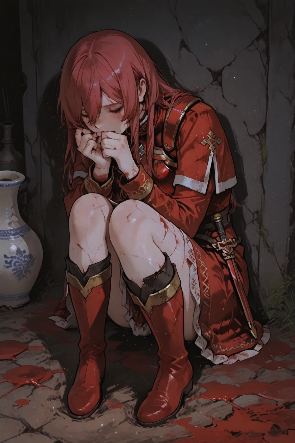 8K,(Asuna(star): 1.6),One Girl, alone,(Perfect Anatomy:1.43), (Medium Hair:1.55) ,(Half Up:1.45),bangs, Brown eyes,Beautiful Eyes,(Sad Smile:1.3),White knee socks,(Brown Hair:1.6),blood stained boots,(18-year-old:1.5),whole body,(A combination of blood-white silver full plate armor and a long blood-stained cloak.:1.63),(Bare shoulders:1.5),(mini skirt:1.26),(With a blood-stained rapier in hand:1.43),(A bloody battlefield on a moonlit night:1.52),Fantasy,(Blood Effect:1.53),throw,Eye level,(Cast a Shadow:1.21)