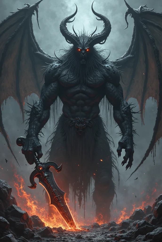a tall demon with lion head and goat horns and bat wings and two snake tails standing in two feet human pose, stern expression, glowing red eyes, dark fur, goat feet, celestial, muscular frame, holding an great sword, detailed facial features, highly detailed, photorealistic, dramatic lighting, fantasy, surreal, dark, moody, thunder sky and rain background, from below shot