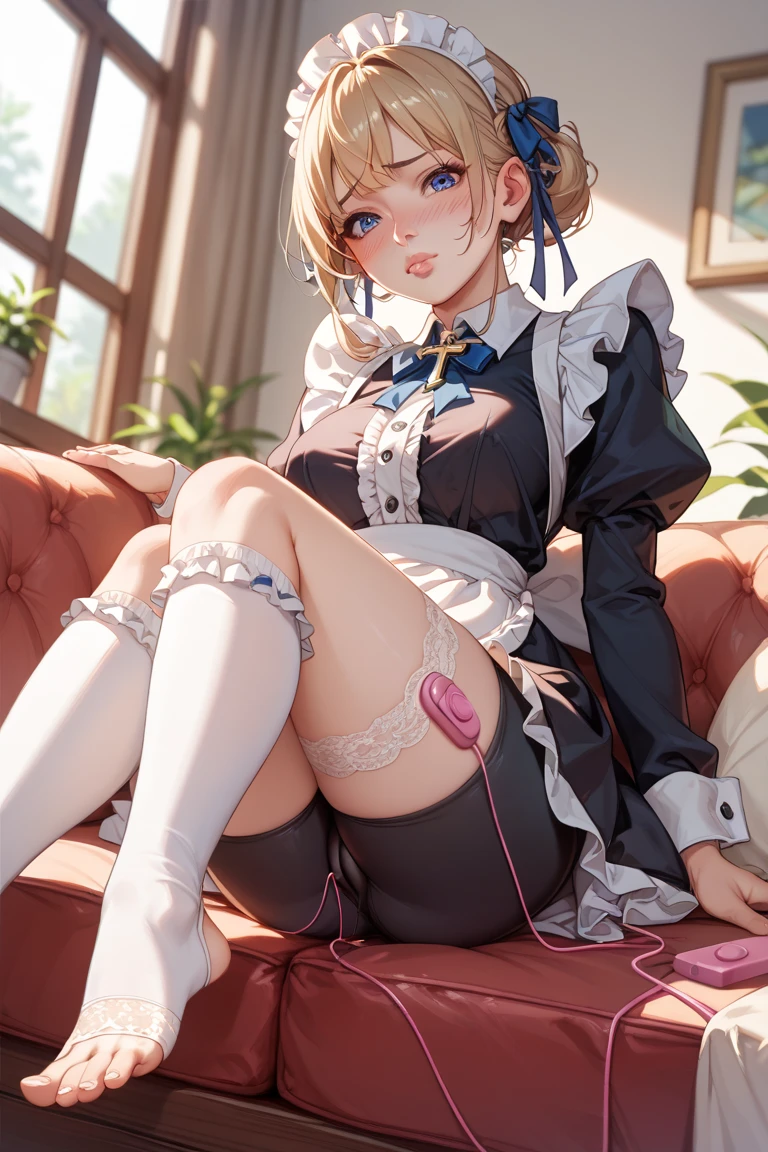 iwanaga kotoko sitting on her bed spreading her legs to reveal her panties, sitting on bed, cute girl, white panties, white dress, white beret, perfect anatomy, sexy, ultra detailed, hdr, 4k, spread legs, fullbody, blushing, pervert, perfect proportions, blonde hair, white pantihose, short hair, vibrator in tighhights, vibrator, pink vibrator, vibrator on tighs, vibrator on panties, aheago