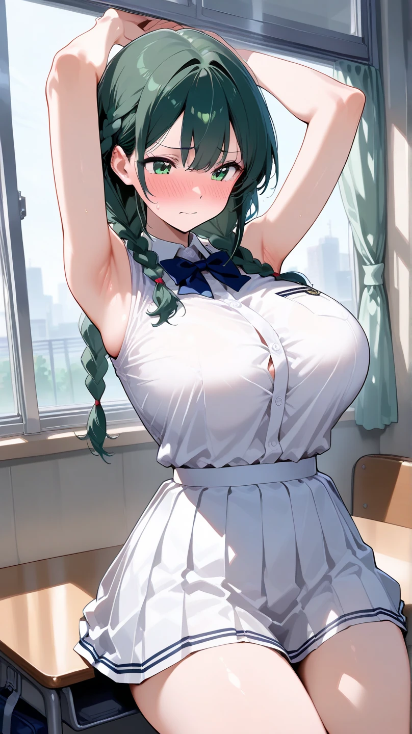 (table top, high quality) NSFW, A girl squatting on a desk in a cafe, return, butt, kneel down, from below, メイド服の接写buttブレイク, white shirt, shiny hair, shiny skin, black panties, T-back, break the background, classroom,adorable smile,ruby red eyes,,大きなbutt,big breasts,white knee socks