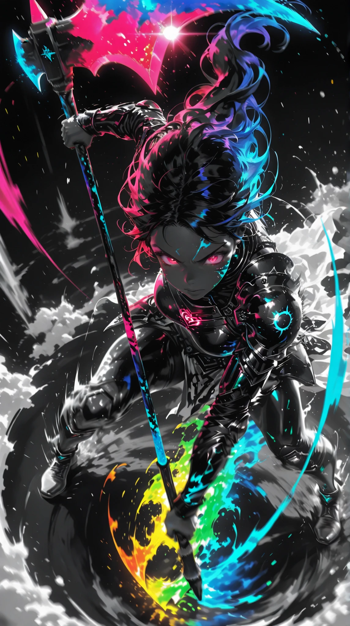 ,,,Limited Palette,colorful ,Glowing Contours,,,,,,, A strong female warrior swings down a pole axe from above、The face is a normal color, not black. (dynamic motion,motion blur:1.2), dramatic action pose、in a dynamic motion,motion blur