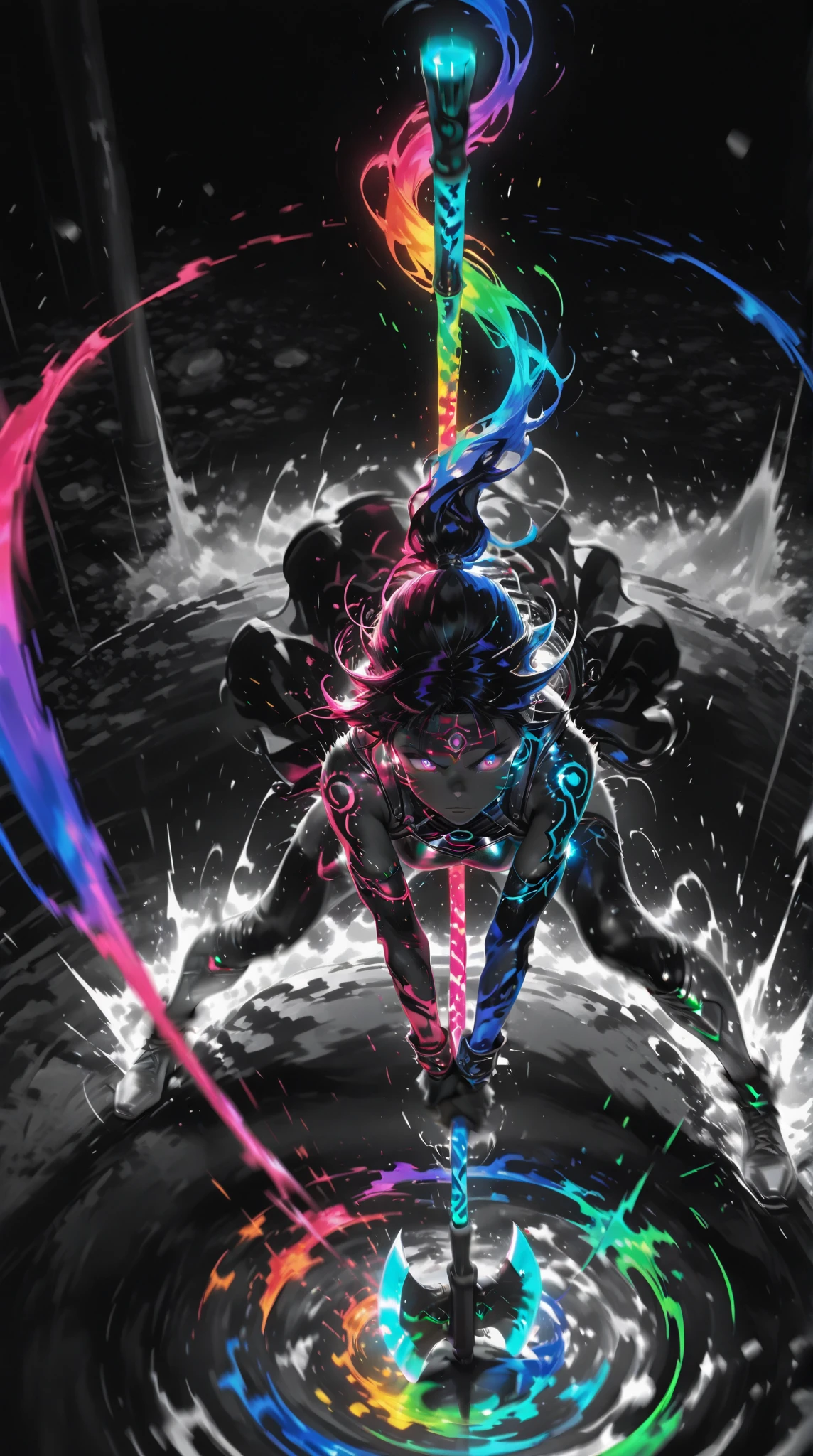 ,,,Limited Palette,colorful ,Glowing Contours,,,,,,, A strong female warrior swings down a pole axe from above、The face is a normal color, not black. (dynamic motion,motion blur:1.2), dramatic action pose、in a dynamic motion,motion blur