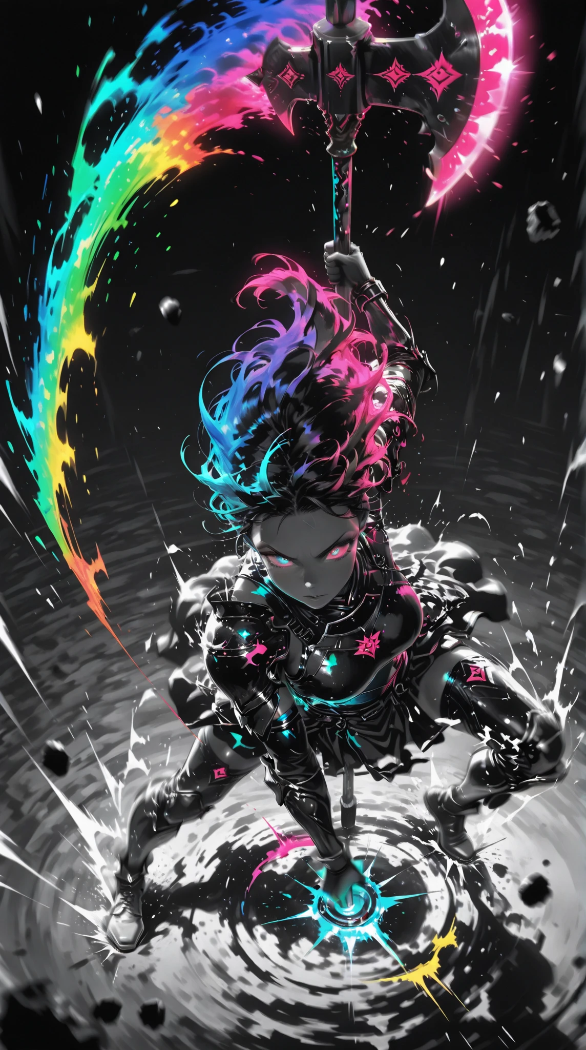 ,,,Limited Palette,colorful ,Glowing Contours,,,,,,, A strong female warrior swings down a pole axe from above、The face is a normal color, not black. (dynamic motion,motion blur:1.2), dramatic action pose、in a dynamic motion,motion blur