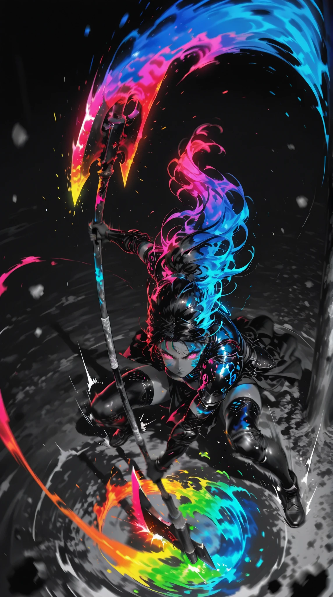 ,,,Limited Palette,colorful ,Glowing Contours,,,,,,, A strong female warrior swings down a pole axe from above、The face is a normal color, not black. (dynamic motion,motion blur:1.2), dramatic action pose、in a dynamic motion,motion blur