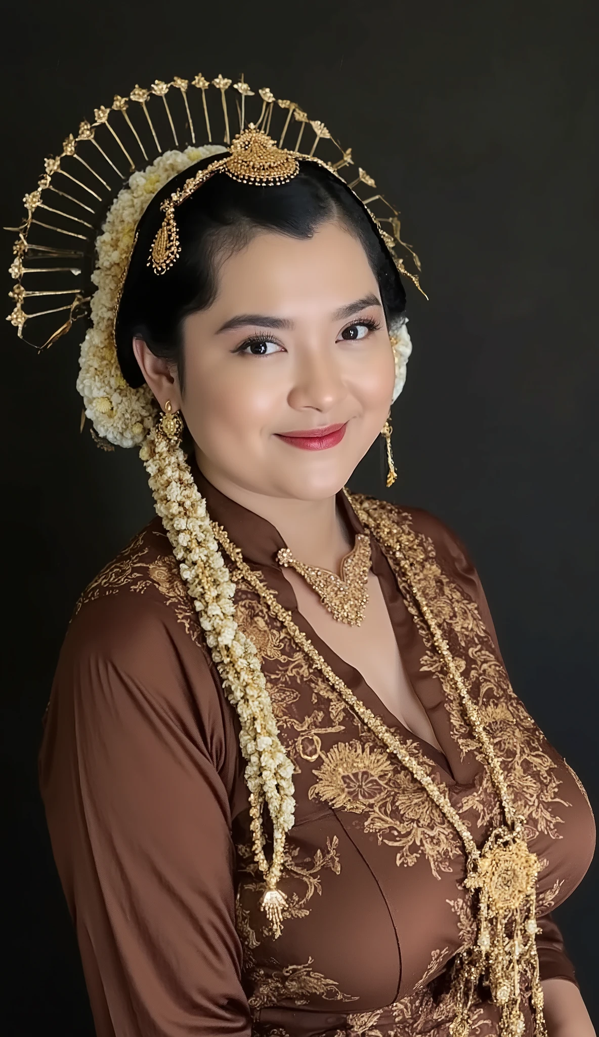 A beautiful indonesian mom 45s has plump body , dressed in traditional Javanese formal attire, She wears a wearing a brown kebaya with gold ornament , paired with a beautifully patterned batik kain in earthy tones . His outfit is completed with a gold-accented hijab, reflecting Javanese culture. Dark photo studio background. She is looking at the viewer with bright and loving eyes. She is leaning forwardal. Close-up of sexy body, very detailed. Soft, professional lighting highlights the textures of the outfit. Hasselblad H6D-400c MS, low exposure, big breast, huge breast, big arms, high contrast, ISO 100, with a 120mm macro lens. bulky belly, bulky breast, milky breast, breast larger than head, huge breasts, wrinkled breast, veiny breasts, lactating, montgomery glands, bright skin, gigantic breast, fat super breast, huge triplet breast, massive nipples, massive gigantomastia, macromastia, inverted nipples, exaggerated gigantic areolas, dark areolas, areolas visible, jiggling breasts, plump lips, ultra detailed breasts, saggy breasts, standing model pose 3/4 body, breast moles, mega cleavage. Closed up.