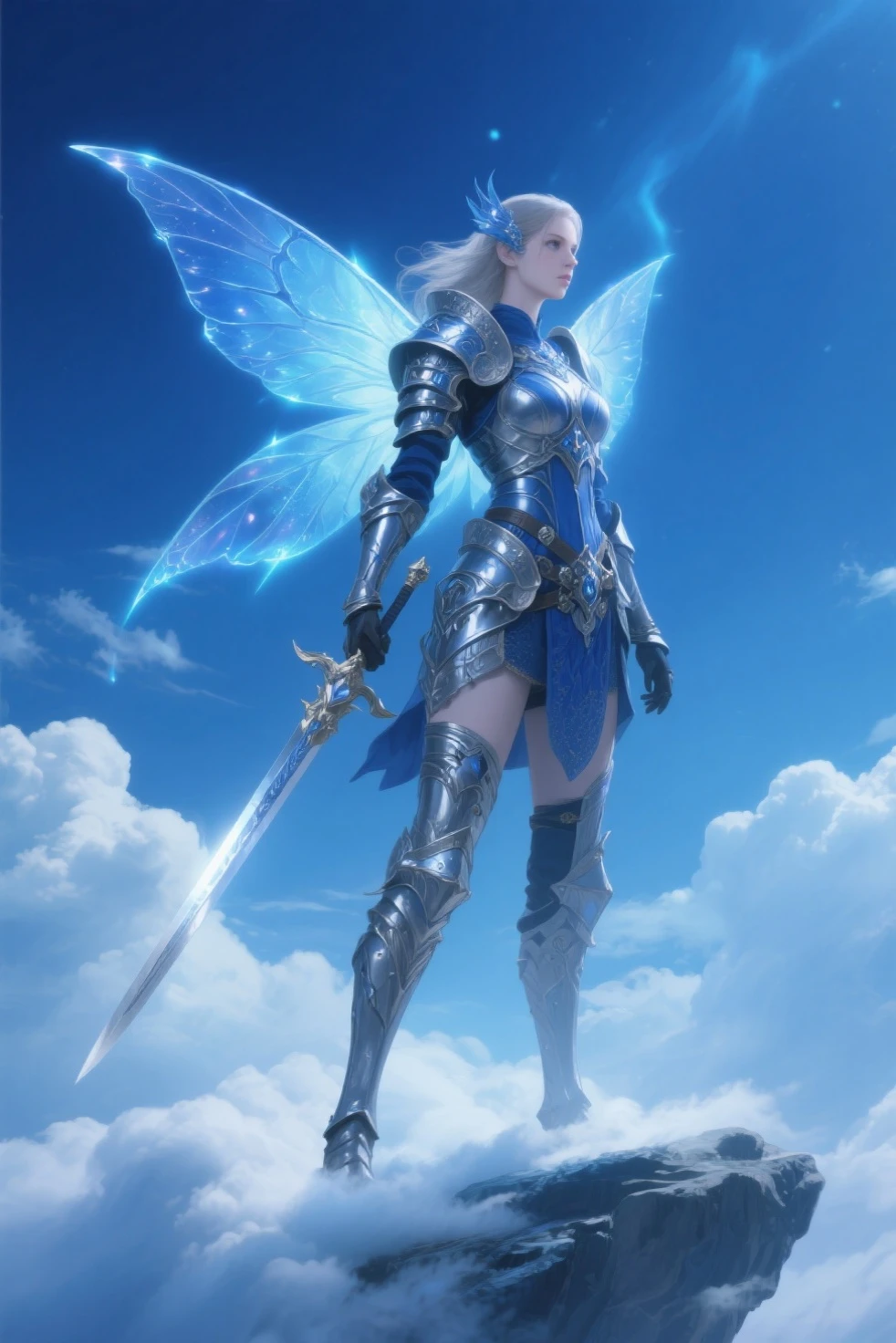 (best quality, masterpiece, colorful, dynamic angle, from below, highest detailed)upper body photo, full body photo, fashion photography of cute mechangel, glowing 4 wings, solo, glowing armor, glowing halo, building, glowing mechanical 4 wings (intricate details, hyperdetailed:1.15), detailed, light passing through hair, (official art, extreme detailed, highest detailed), HDR+