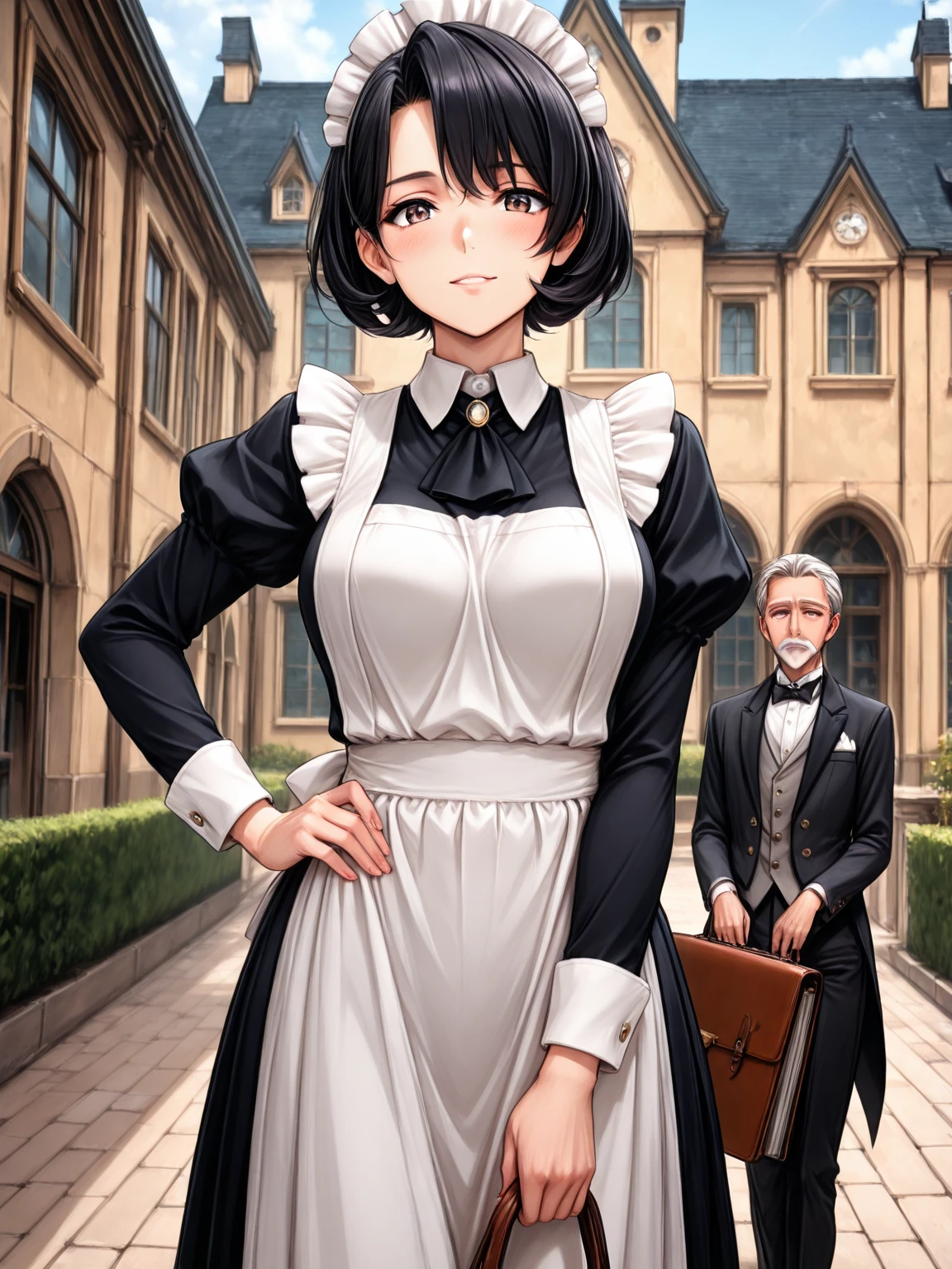 Full body photo, 1 woman in black clothes with white props from an extremely exhibitionist maid and 1 old man of 90 years old with a suit and tie, holding her from behind, immensely large breasts, clothes very tight on the body, looking at the viewer, maid hat, she has short black hair, blue eyes, they are in a bathroom in front of the shower, anime, 16k, best quality, highres, award winning, high details, UHD, masterpiece, anatomically correct, ccurate