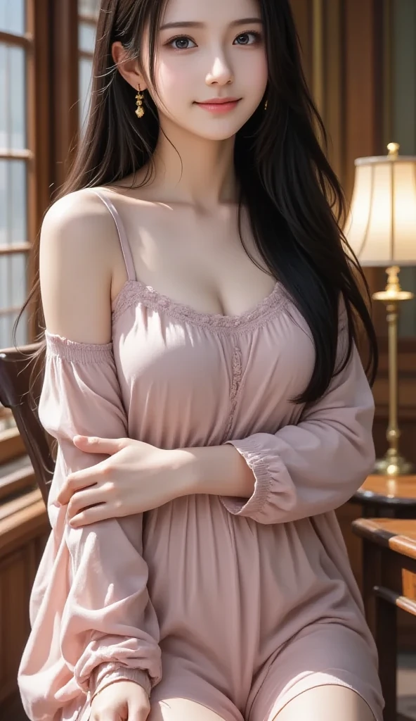 top-quality、Top image quality、masterpiece、fully body photo、25 years old women, governess、Dark brown wavy middle hair、bangss、((Beige long-sleeved knit、Dark blue flared skirt、Stockings))、 ((no-bra、Puffy nipple、Flip the skirt、Visible))、Sexy yellow panties、soft boob、Large breasts、high-heels、 cute smile face、lyin in bed、open one's legs、((I can see all my panties、Rub your chest with both hands、Touching the crotch))