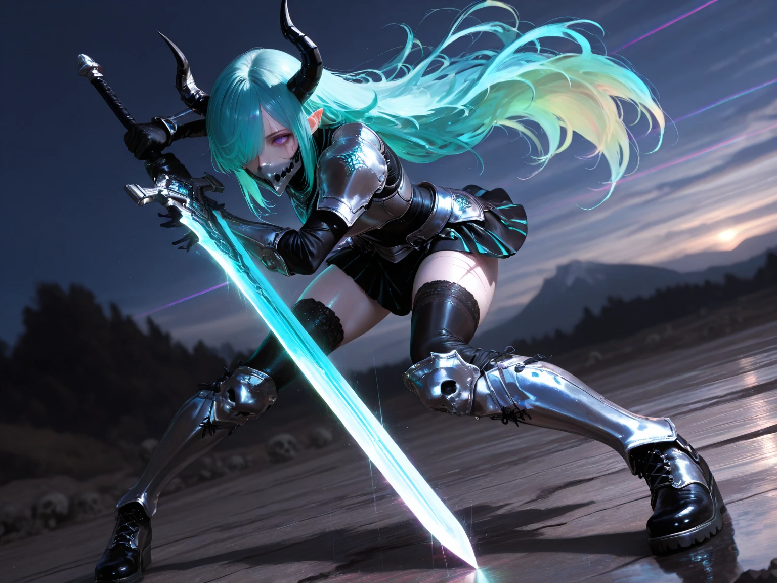 best quality, soft light, ultra high res, (photorealistic:1.4), RAW photo, 1japanese girl, solo, (pupil, lights in the eyes), (detailed beautiful face, perfect face), (large chest), (long hair), indoor, rainbow eyes, silver hair, bikini armor, unconvincing armor, cleavage, wide hips, (wings, hip wings, large wings, dragon wings), scythe, holding weapon, armored gloves, shoulder gloves, armored boots, thigh highs, micro skirt, exposed stomach, crop top, (ideal body proportions), pale skin, 18-year-old woman, sheer clothing, waste cape, underboob, high heels, stilettoes