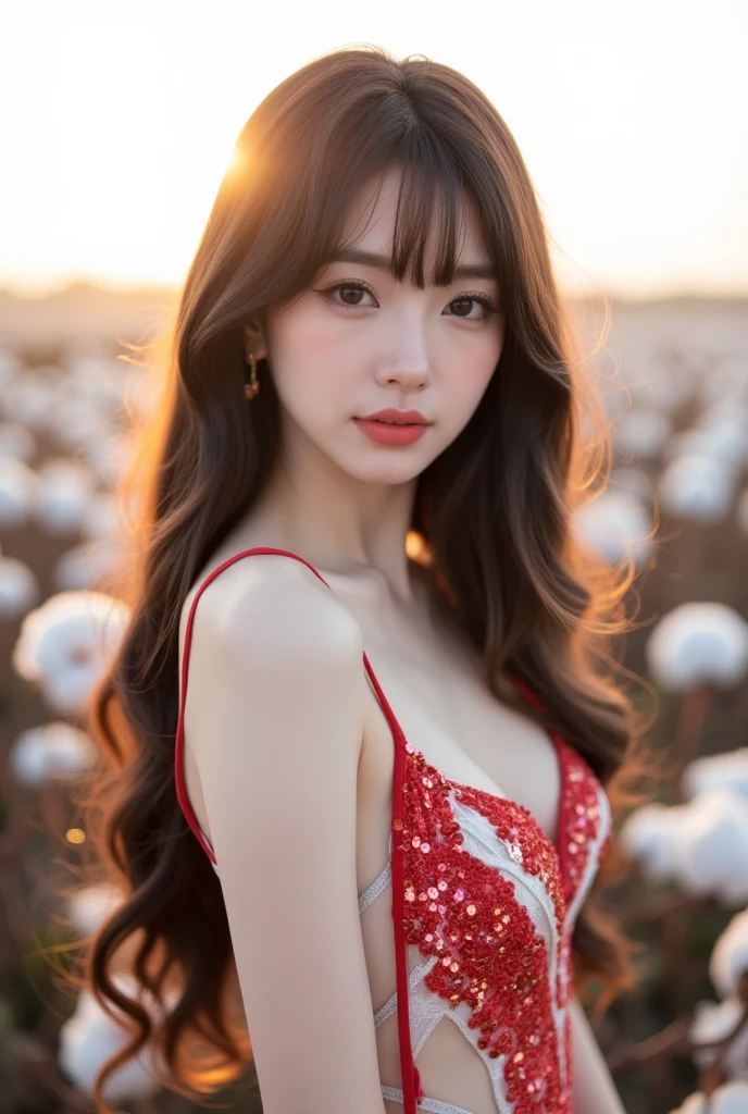 Medium distance photo showing the whole body of a beautiful girl, Slender face, Beautiful sharp eyes., long hair, model face, Beautiful makeup, 18 years old, Wear a light yellow G-string..., big breasts, very big breasts, white skin, In a field of pink and red flowers, Very high detail, 8ก, evening light, Portrait, Face focus, standing on the grass, act sexy